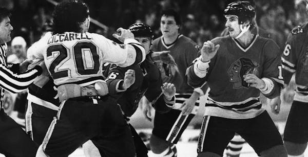 Drop the gloves North Stars-Blackhawks games throughout the 1980s and into the ’90s were competitive and contentious battles. Above, Dino Ciccarelli