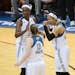 Lynx forward Maya Moore (23) celebrated with guard Lindsay Whalen (13) and center Sylvia Fowles (34) during the WNBA Finals in October.