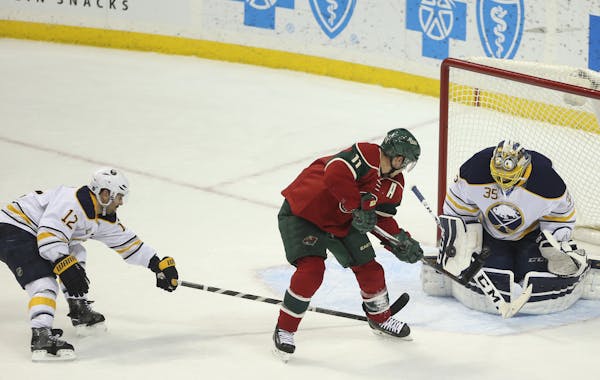 Buffalo Sabres goalie Linus Ullmark made a late third period save on a shot by Wild left wing Zach Parise earlier this month during a 3-2 loss to the 