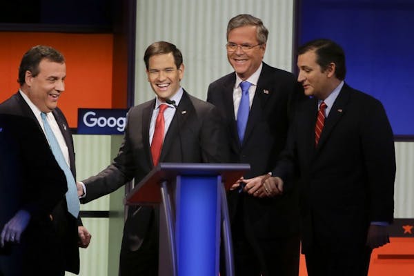 Republican presidential candidates New Jersey Gov. Chris Christie, Sen. Marco Rubio, R-Fla., former Florida Gov. Jeb Bush and Sen. Ted Cruz, R-Texas, 