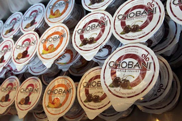 The 6-ounce containers of yogurt in various flavors are in display for sale at the Chobani yogurt bar in the Soho neighborhood of New York.