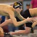 Forest Lake sophomore Ben Chatwin explodes off the starting block to begin the 50 yard freestyle during the Class 2A boys' state swimming tournament p
