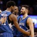 Timberwolves guard Ricky Rubio, right, celebrated with teammate Andrew Wiggins after Rubio's game-winning three-pointer against the Thunder on Friday.
