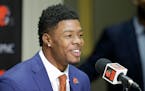 Cleveland Browns' Corey Coleman answers questions during a news conference at the NFL football team's training camp facility, Saturday, April 30, 2016