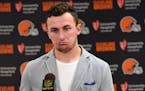 In this Nov. 15, 2015, file photo, Cleveland Browns quarterback Johnny Manziel attends a post-game news conference after a 30-9 loss to the Pittsburgh
