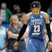 Maya Moore (23) walked back to the bench at the end of the game. New York beat Minnesota by a final score of 95-92 in overtime.
