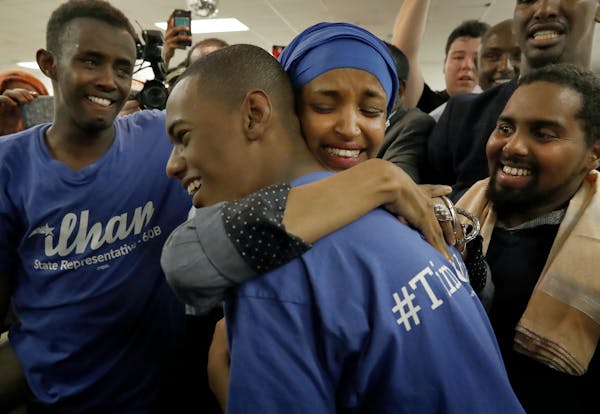 Ilhan Omar, who defeated Rep. Phyllis Kahn in a DFL primary for a state House seat based in Minneapolis, was greeted by supporters on Tuesday night.