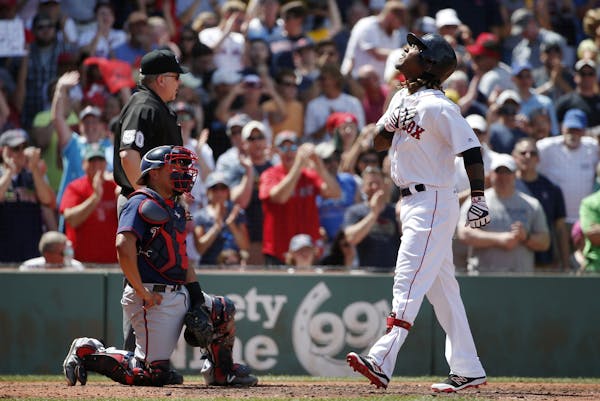 As Twins catcher Juan Centeno watched, Boston slugger Hanley Ramirez celebrated after hitting a three-run homer against the Twins for the second day i
