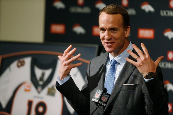 FILE - In this March 7, 2016, file photo, Denver Broncos quarterback Peyton Manning speaks during his retirement announcement at the teams headquarter