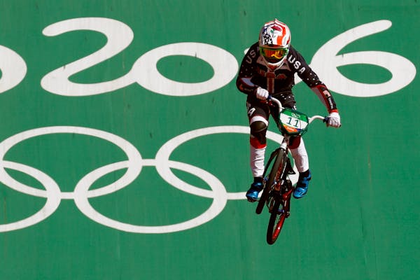 Alise Post of the United States competes in the women's seeding run at the Olympic BMX Center during the 2016 Summer Olympics in Rio de Janeiro, Brazi