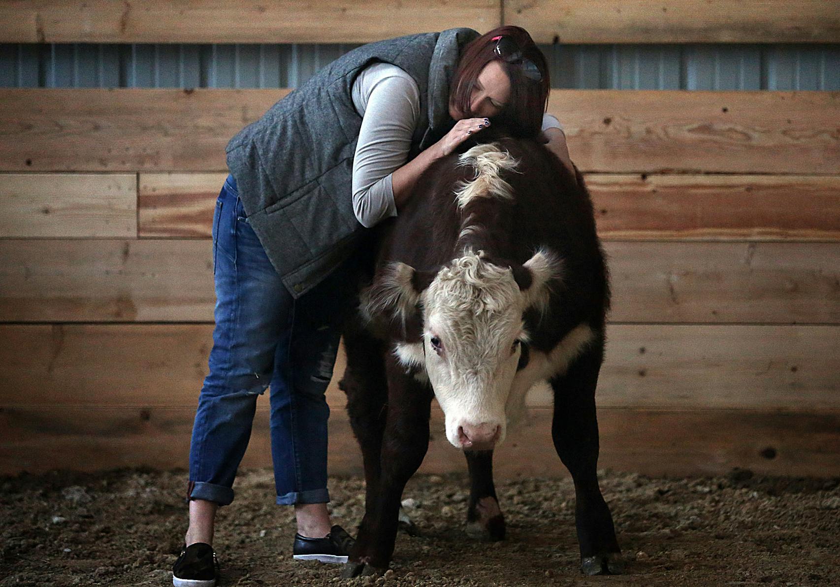 Sylvia Hilgeman playfully embraced a cow while helping with chores on the family farm in Oklee. Rural Minnesota has better schools than the U.S. average and less income inequality.