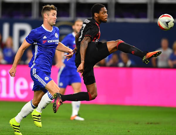 AC Milan forward Luiz Adriano tried to control the ball while attacking in the second half Wednesday night at U.S. Bank Stadium.
