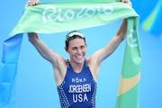 Gwen Jorgensen wins gold for the United States in the women's traithlon on Aug. 20, 2016 in Rio De Janeiro, Brazil.