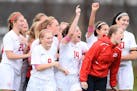 Benilde-St. Margaret's players celebrated their team's 4-2 victory over Orono in the girls' 1A soccer state championship game Thursday. ] (AARON LAVIN