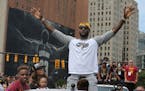 The Cleveland Cavaliers' LeBron James along Huron Road in Cleveland during the team's NBA Championship celebration on Wednesday, June 22, 2016. (Phil 