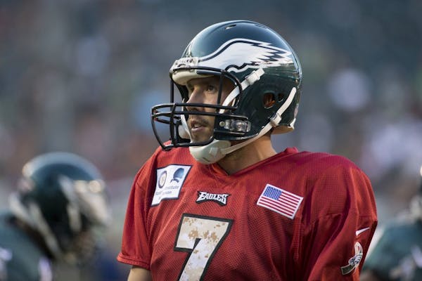 Philadelphia Eagles quarterback Sam Bradford looks on during practice at NFL football training camp, Sunday, Aug. 14, 2016, in Philadelphia.