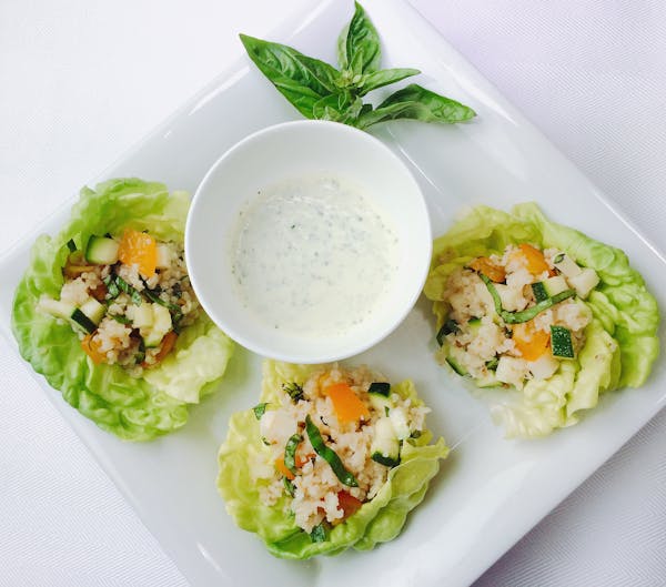 Herbed Couscous Salad With Smoked Mozzarella in Lettuce Cups With Creamy Basil Dressing
