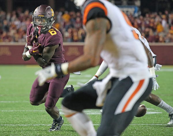 Minnesota Gophers wide receiver Tyler Johnson missed a pass by Mitch Leidner in an attempt for two points in the fourth quarter as the Gophers took on