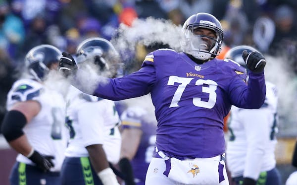 Vikings defensive tackle Sharrif Floyd, celebrating a tackle during the playoff game vs. Seattle, missed time in the preseason but is not on the Week 