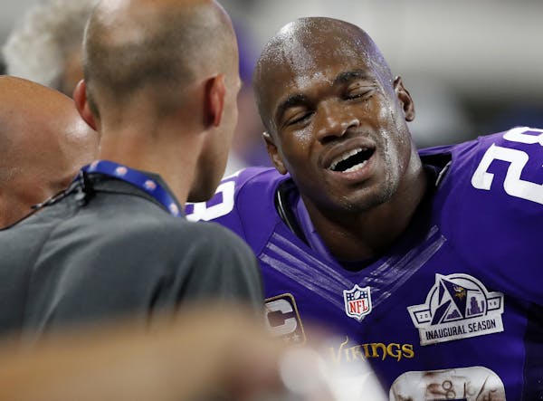 Minnesota Vikings running back Adrian Peterson (28) spoke with trainers on the sideline in the third quarter after leaving the game. ] CARLOS GONZALEZ