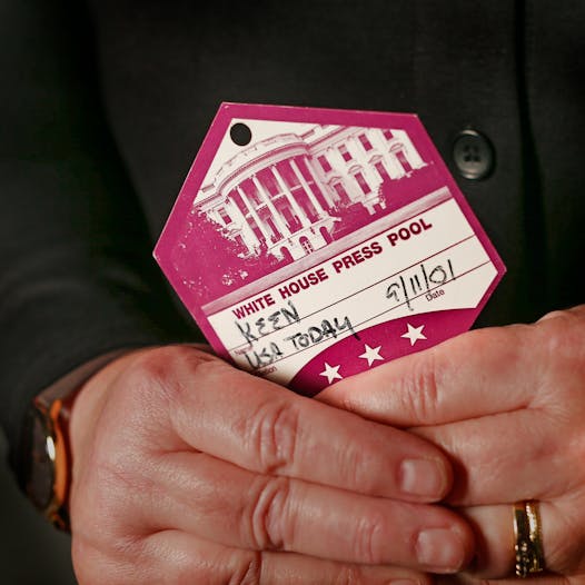 The press pass that Judy Keen wore as she traveled with President George W. Bush aboard Air Force One after the Sept. 11, 2001, terrorist attacks. She was among the small group of journalists who remain close to presidents whenever they’re in public.