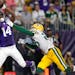 In this Sunday, Sept. 18, 2016, file photo, Vikings wide receiver Stefon Diggs (14) caught a 25-yard touchdown pass over Packers cornerback Damarious 