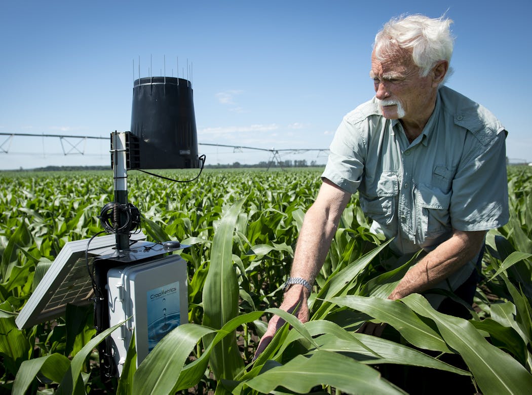 Wally Parkins showed off a soil probe he is using to monitor nitrate usage on his corn crop in Royalton. 