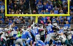 Detroit Lions kicker Matt Prater (5) kicks the game winning 29-yard field goal with 1:28 left in the fourth quarter of an NFL football game against th