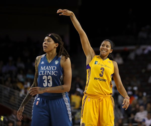 Los Angeles Sparks forward Candace Parker, who finished with a game-high 24 points, smiled as she watched a fourth quarter shot drop. Lynx guard Seimo