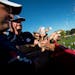 The cork flew after USA's Dustin Johnson and Patrick Reed, left, celebrated their victory over Europe in the Ryder Cup.