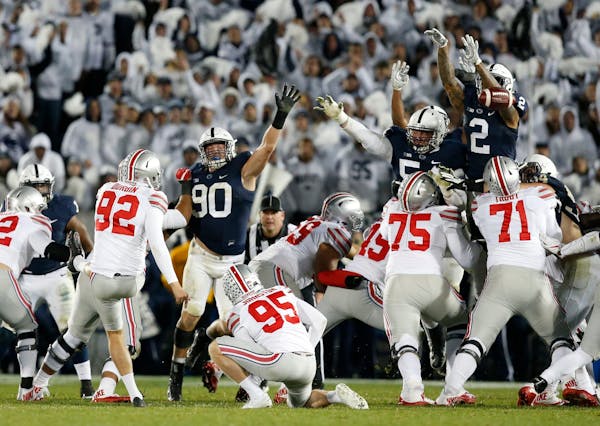 Penn State safety Marcus Allen (2) blocks a field goal attempt by Ohio State kicker Tyler Durbin (92) in the fourth quarter on Saturday, Oct. 22, 2016