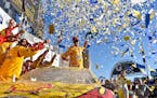 Joey Logano (22) celebrates after winning a NASCAR Sprint Cup Series auto race auto race at Talladega Superspeedway, Sunday, Oct. 23, 2016, in Tallade