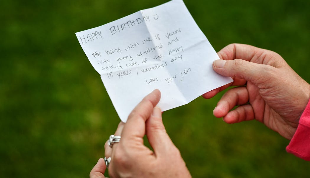 Sharon Rolenc keeps a note that her son, Keegan, wrote to her on his 18th birthday, thanking her: 