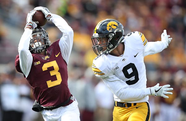 Cornerback KiAnte Hardin intercepted a pass against Iowa a month ago, showing skills the Gophers have missed. intended for Jerminic Smith.