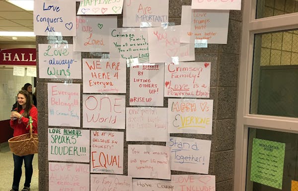 One day after racist graffiti was discovered at Maple Grove Senior High, students were greeted by messages of love in the school.