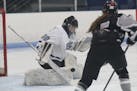 Claire Belkholm, Cambridge-Isanti goaltender, in a game on Nov. 15 vs. Duluth. Please credit photo to: Bill Stickels III, Isanti-Chisago County Star
