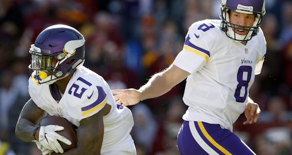 Vikings running back Jerick McKinnon, taking a handoff from Sam Bradford, has struggled to get back to form after being sidelined by an ankle injury.