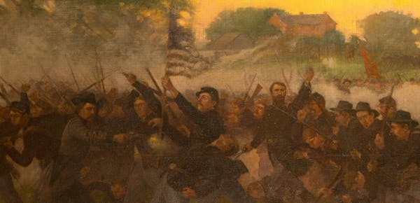 A painting in the Governor’s Reception Room at the Minnesota State Capitol depicts the First Minnesota Volunteer Regiment’s historic firefight on 