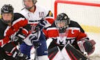Mound Westonka goalie Emma Polusny secured a shutout for the White Hawks in their 3-0 victory over Orono at Orono Ice Arena on Jan. 8, 2016. Photo by 