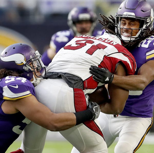 Vikings middle linebacker Eric Kendricks, left, missed practice time this week but is expected to play, as are Harrison Smith and Terence Newman.