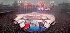 Fireworks mark the opening ceremony of the Winter Classic between the St. Louis Blues and Chicago Blackhawks on Monday, Jan. 2, 2017 at Busch Stadium 