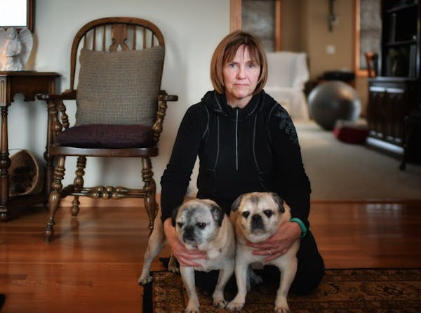 Lynda Bergeson buys insurance on the individual market and has seen premiums rise dramatically, here with her pugs Zorro and J.J.