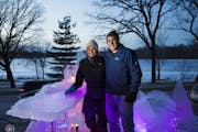 Jennifer Shea Hedberg and her husband Tom Hedberg posed for a picture in a ice bar they created for a party along Lake of the Isles in Minneapolis.