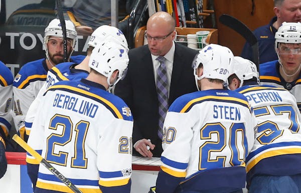 Blues coach Mike Yeo instructed his team near the end of the third period in a 2-1 victory against the Wild on Tuesday night. Yeo was the Wild head co
