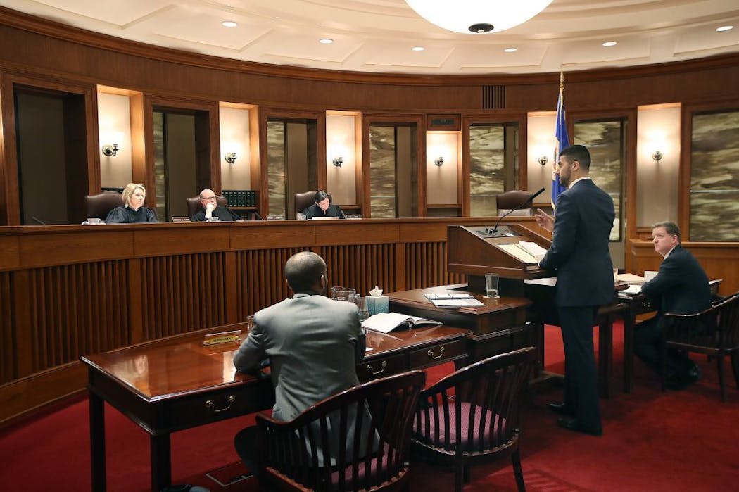 In a dispute over public records before the Minnesota Court of Appeals, attorney Cyrus Malek argued his case on behalf of Tony Webster. Dan Rogan of the Hennepin County Attorney's Office listened at right.