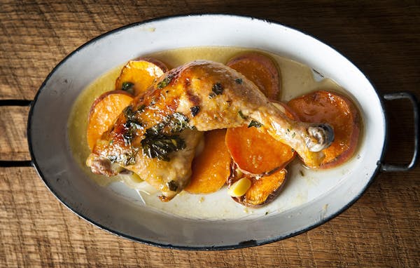 Orange-Ginger Chicken Thighs With Sweet Potatoes.