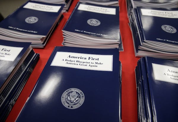 Copies of President Donald Trump's first budget are displayed at the Government Printing Office in Washington, Thursday, March, 16, 2017. Trump unveil