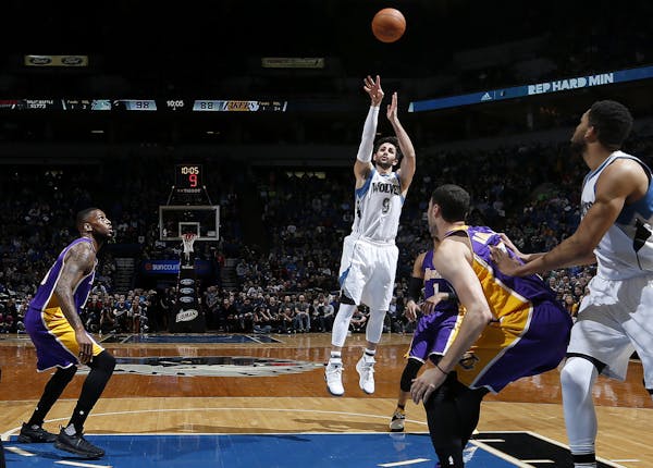 Wolves guard Ricky Rubio put up a shot against the Lakers on his way to a career-high 33 points Thursday night.