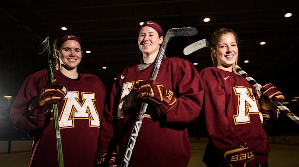 The U’s top line, from left, Dani Cameranesi, Kelly Pannek and Sarah Potomak, is back together for the Women’s Frozen Four.