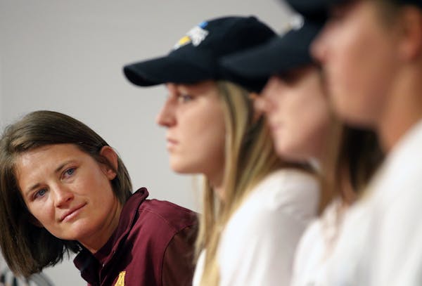 (From left) Gophers softball coach Jessica Allister and players Kendyl Lindaman, Maddie Houlihan, and Sydney Dwyer will use the team's seeding snub as
